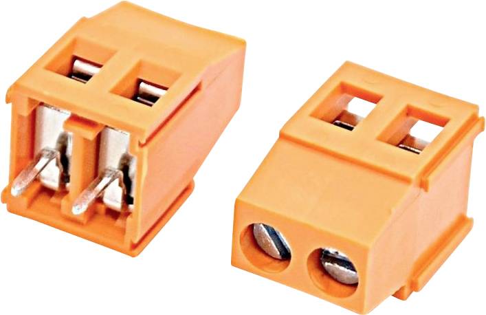 Zwei orange 2-Pin-Schraubklemmen-Steckerblöcke, von verschiedenen Blickwinkeln auf weißem Hintergrund gezeigt.