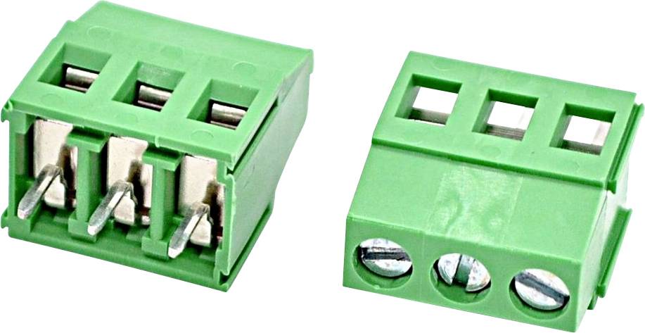 Grüner 3-poliger Schraubklemmen-Steckverbinder, dargestellt in Vorder- und Seitenansicht auf weißem Hintergrund.