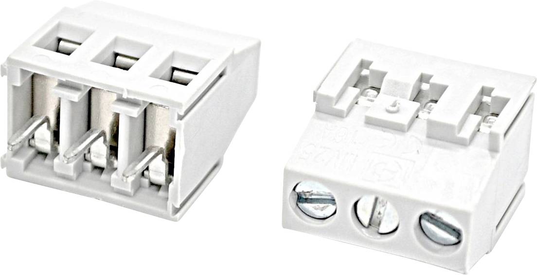 Zwei Ansichten eines weißen dreipoligen Electrical-Steckverbinders, die die Vorderseite der Drahtklemme und die Seite der Schraubklemmen zeigen.