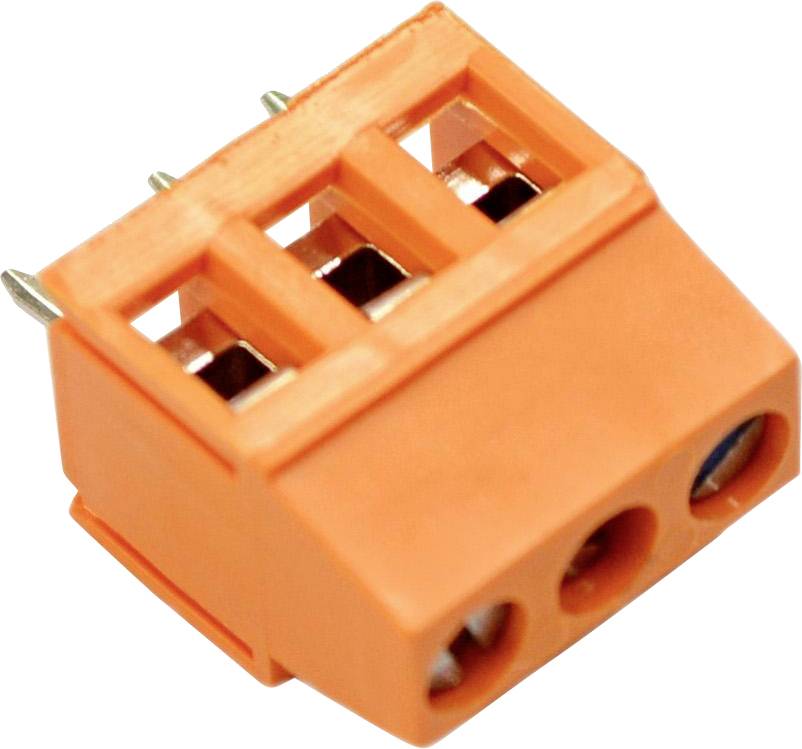 Orange Schraubklemmenleiste mit drei Positionen und drei Metallstiften