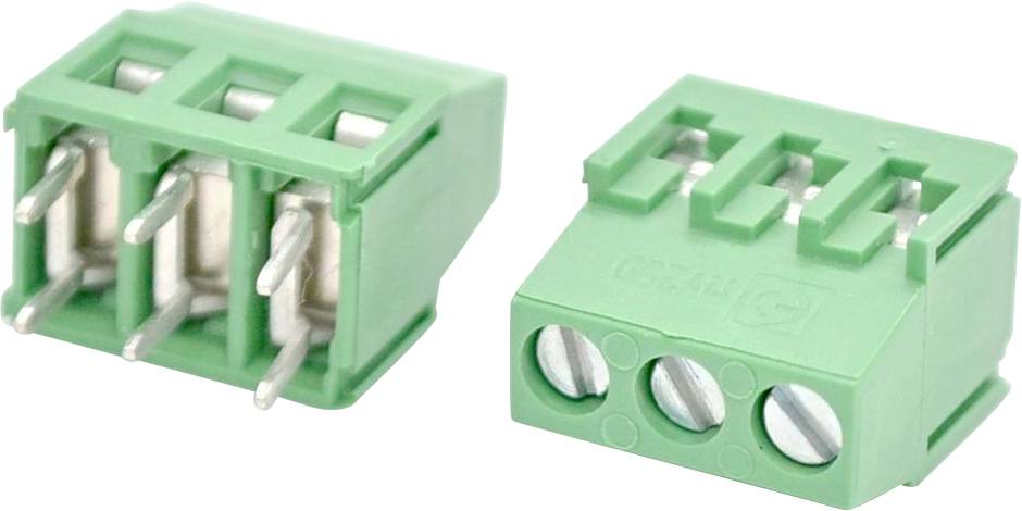 Grüner 3-poliger steckbarer Klemmblockstecker mit Schraubklemmen, von zwei Winkeln dargestellt.