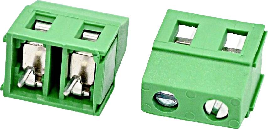 Grüner zweipoliger Schraubklemmen-Steckverbinder, gezeigt von vorne und von hinten auf weißem Hintergrund.