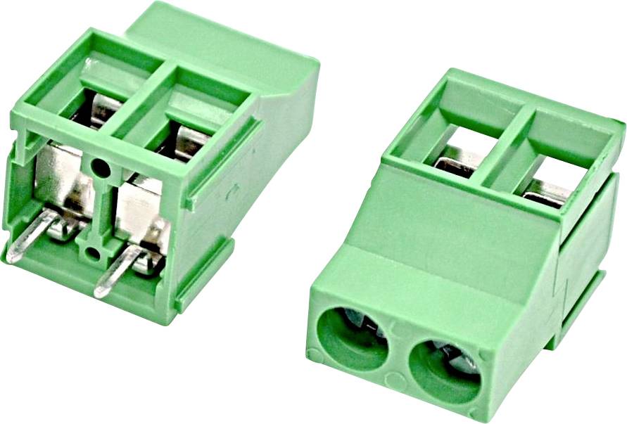 Zwei grüne zweipolige Elektroklemmenblöcke, von vorne und hinten auf weißem Hintergrund dargestellt.