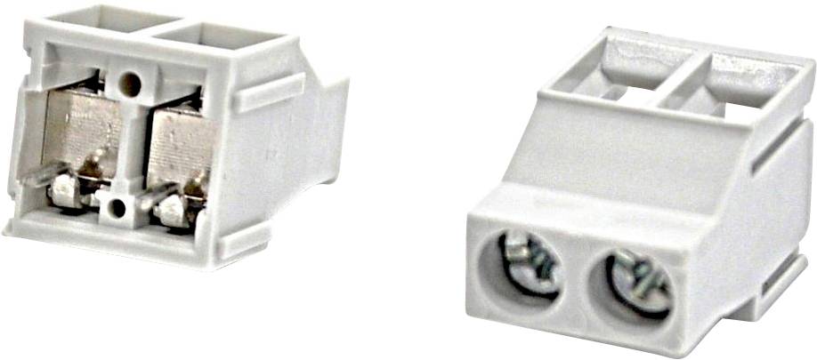 Zwei weiße Elektrokabelverbindungsblöcke, von verschiedenen Winkeln gezeigt, jeweils mit zwei Schraubklemmen zum Verbinden von Drähten.