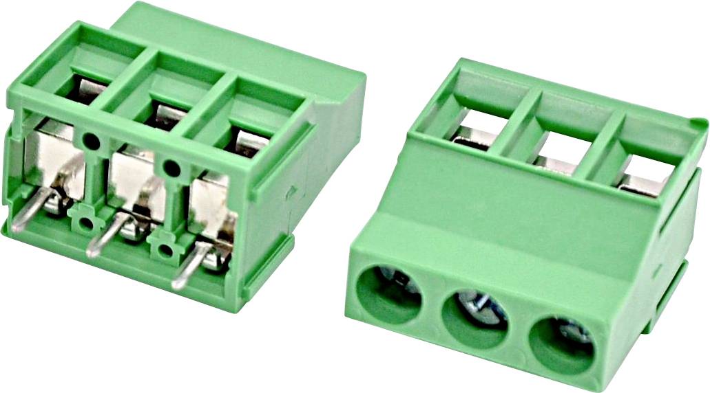 Zwei grüne 3-Positionen-Schraubklemmblöcke, gezeigt von vorne und schräger Seitenansicht, mit sichtbaren Metalldrahtklammern.