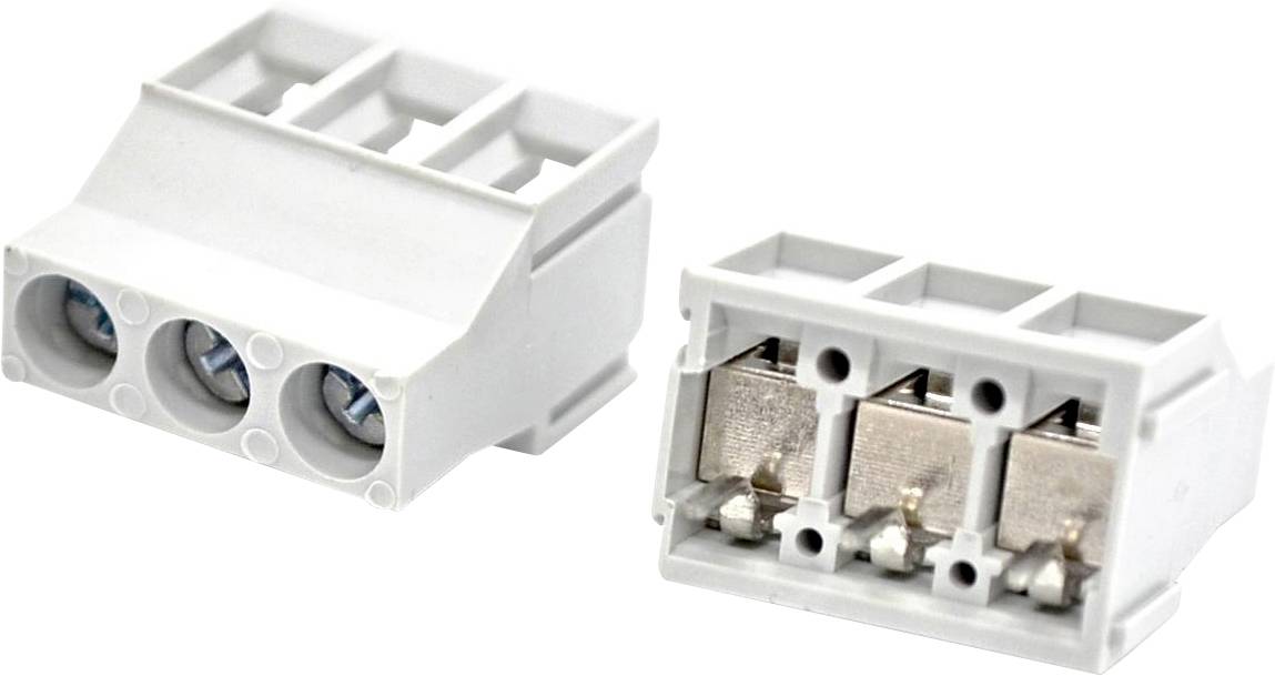 Zwei Ansichten eines weißen dreipoligen elektrischen Anschlussverbinders, die die vordere Öffnung und die hinteren Drahtklemmkontakte zeigen.