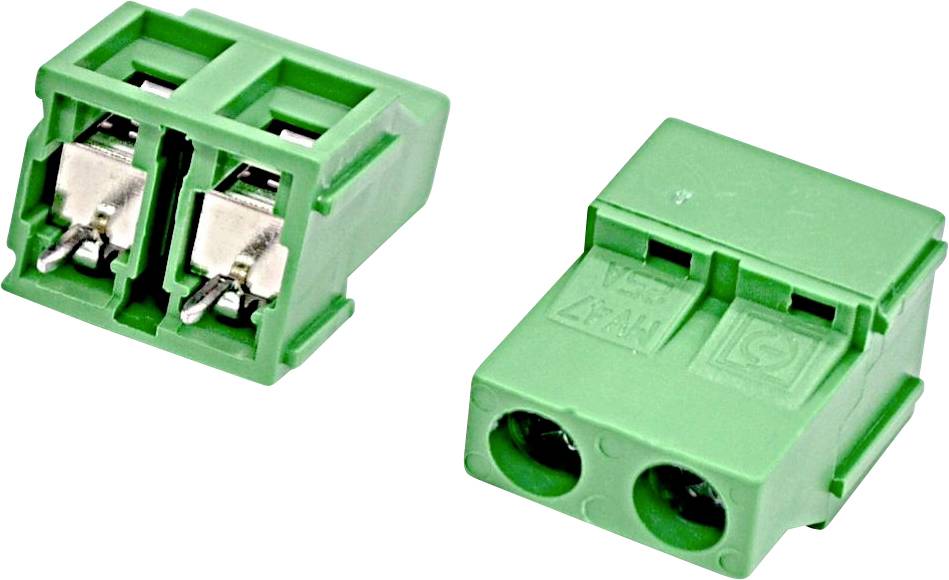 Grüner zweipoliger elektrischer Steckverbinder, shown from the front and back sides.