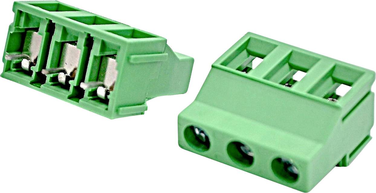 Zwei grüne 3-polige Schraubklemmen-Steckverbinder auf weißem Hintergrund, einer angewinkelt, um die Draht-Eingangsseite zu zeigen, und einer die vorderen Buchsen.