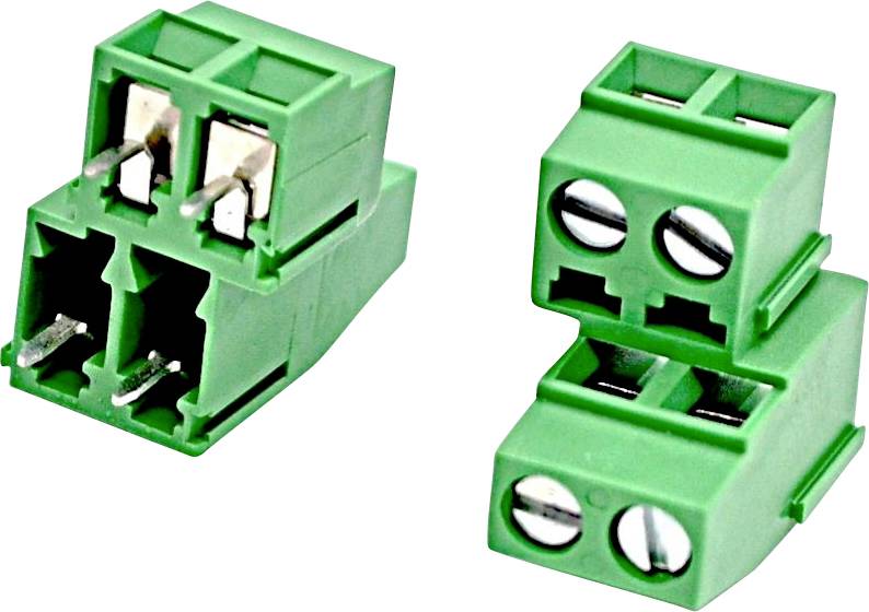 Grüne zweipolige Schraubklemmenblöcke, dargestellt in Schrägansichten, mit Metallschraubkontakten zum Anschließen von Drähten.