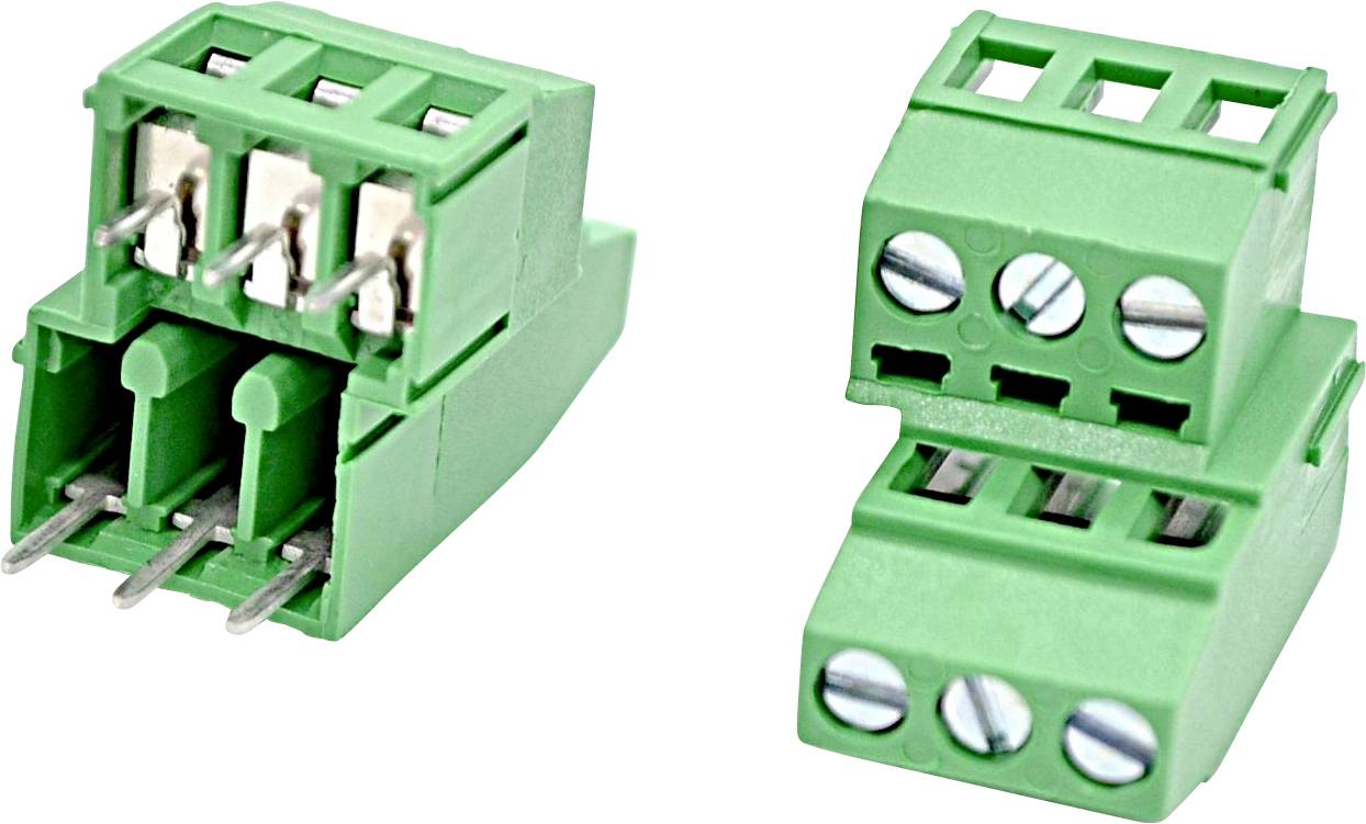 Grüne 3-polige Schraubklemmenblöcke, die unter zwei Winkeln dargestellt sind, mit Metallschraubklemmen und steckbaren Anschlüssen.