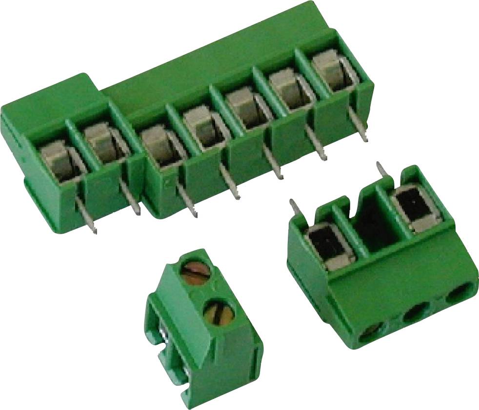 Grüne elektrische Klemmleisten und Stecker auf weißem Hintergrund, einschließlich einer langen Mehrfach-Stiftleiste und zwei kleineren Stecker-Elementen.