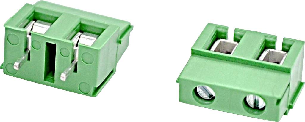 Zwei grüne zweipolige Elektroklemmen in Schrägansicht dargestellt, mit Metallkontaktöffnungen und Schraubklemmen.
