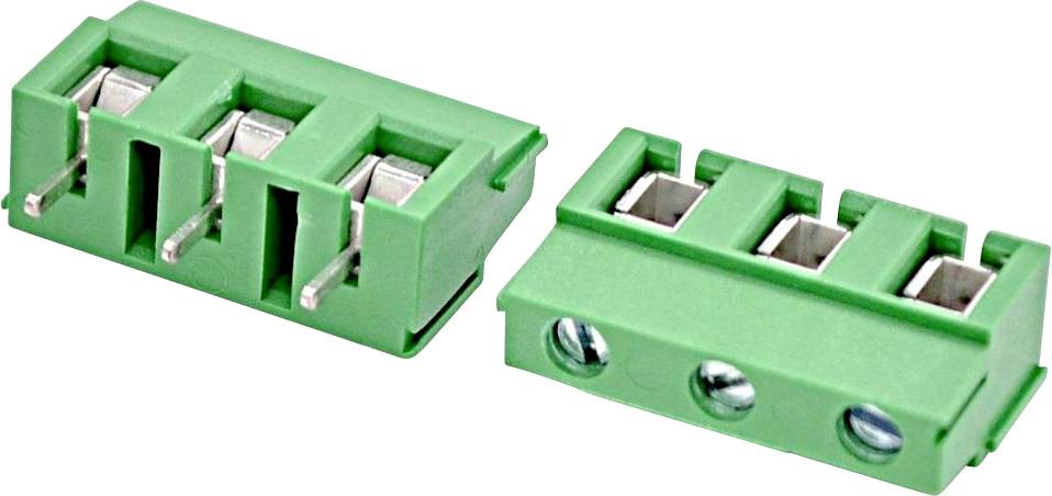 Zwei grüne 3-Positionen-Schraubklemmenblöcke auf weißem Hintergrund dargestellt.