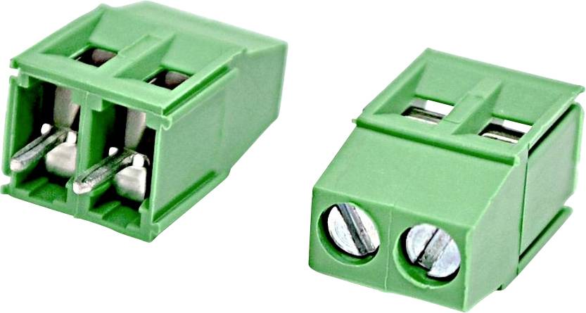 Zwei grüne zweipolige Schraubklemmenverbinder mit Metallkontakten, dargestellt in angewinkelter Front- und Seitenansicht auf weißem Hintergrund.