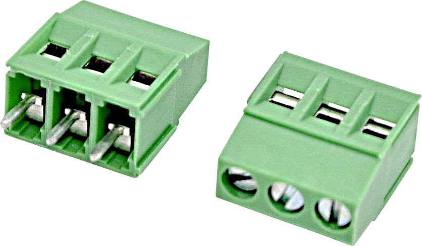 Zwei grüne 3-Positionen-Schraubklemmblöcke, von zwei Winkeln gezeigt, verwendet zum Verbinden von Elektrokabeln.