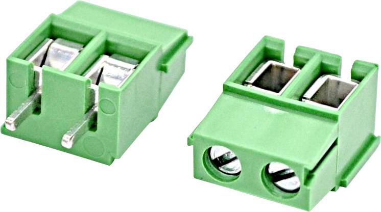 Zwei grüne zweipolige elektrische Anschlussverbinder, dargestellt in Seiten- und Frontansicht.