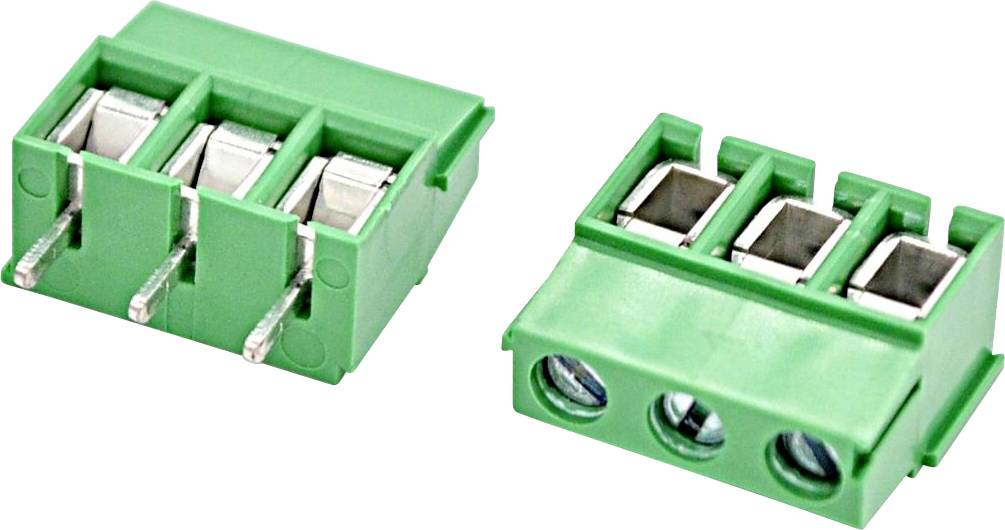 Zwei grüne dreipolige Schraubklemmleisten zum Anschluss von Elektrokabeln.