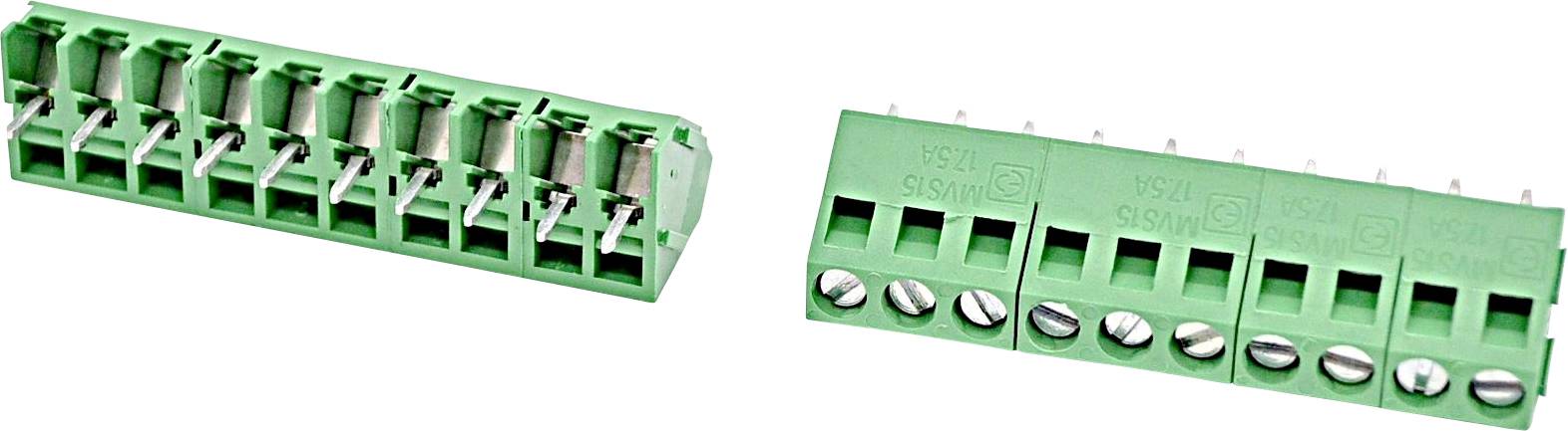 Zwei grüne Schraubklemmen-Steckverbinder mit mehreren Drahtplätzen, die in leichten Winkeln auf weißem Hintergrund dargestellt sind.