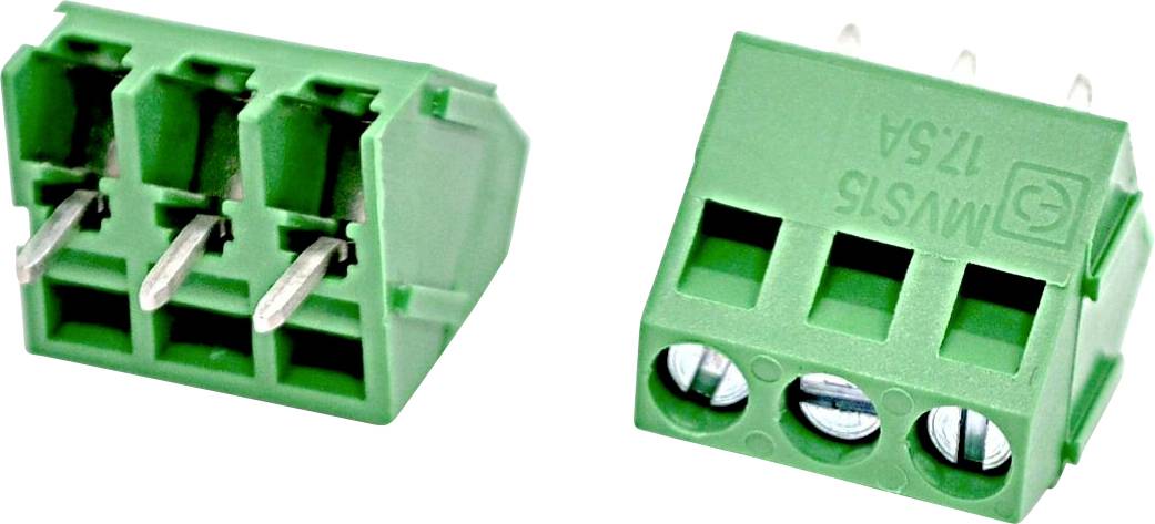 Zwei grüne 3-polige steckbare Klemmleisten auf weißem Hintergrund, eine gewinkelt, um die Metallstifte zu zeigen, und eine zeigt die Schraubklemmen.