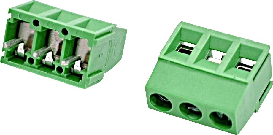 Zwei grüne dreipolige Elektroanschlussleisten, eine zeigt die Metallkontaktseite und die andere die Drahteinführungsseite.