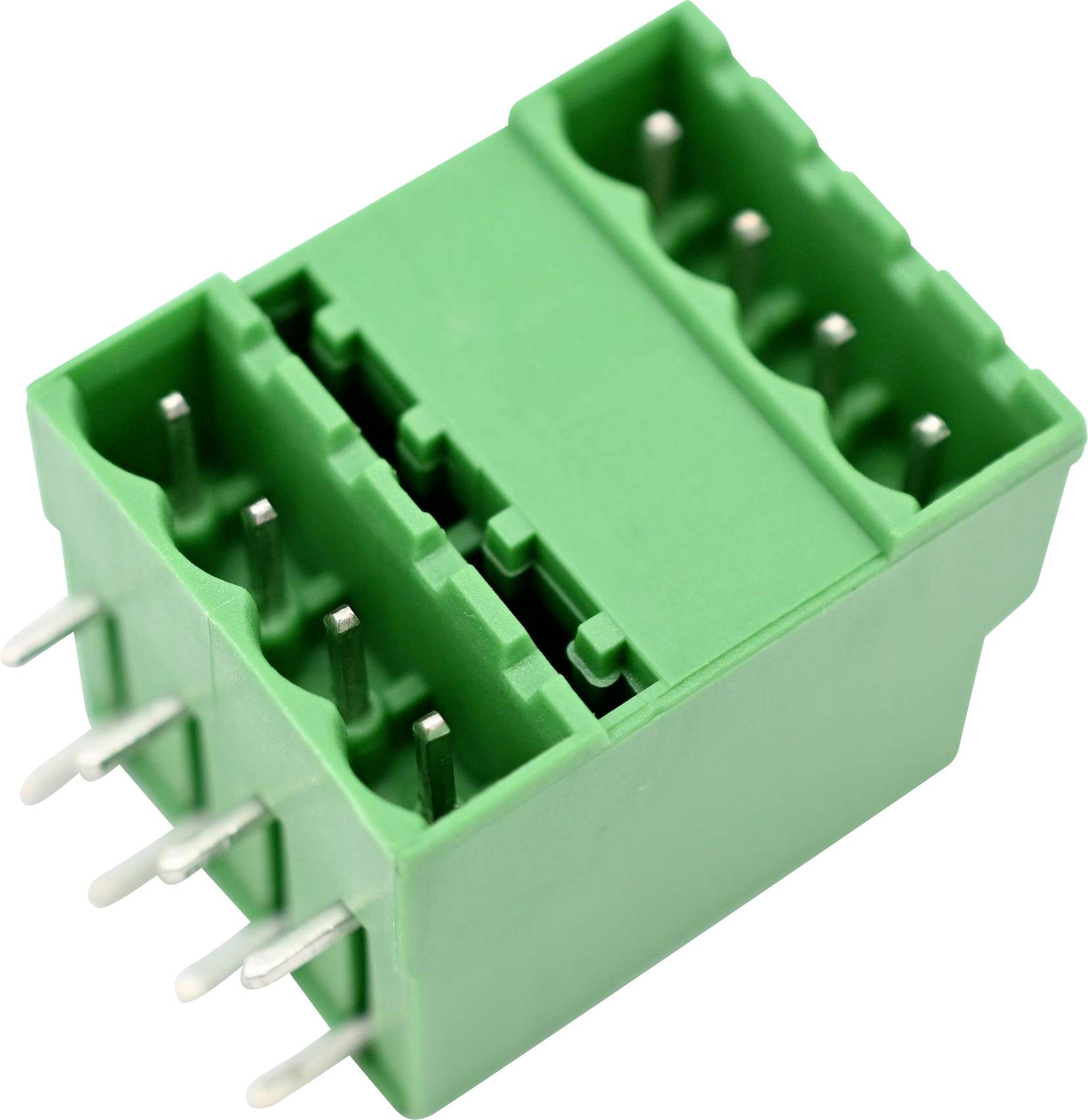 Grüner elektronischer Klemmleisten-Steckverbinder mit sechs Metallstiften, in Nahaufnahme auf weißem Hintergrund dargestellt.