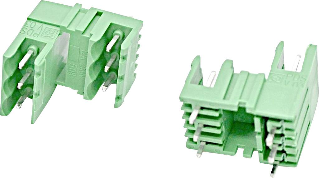 Zwei grüne Kunststoff-Elektrosteckverbinder mit Metallstiften, dargestellt auf weißem Hintergrund.
