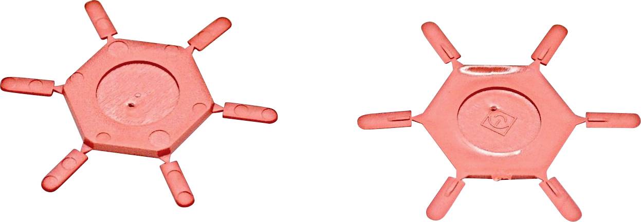Zwei rote Kunststoff-Scheiben in Form von sechsstrahligen Sternen, nebeneinander auf weißem Untergrund gezeigt, eine größer als die andere.