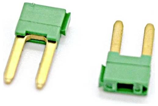 Zwei grüne zweipolige Steckverbinder mit vergoldeten Kontakten auf weißem Hintergrund dargestellt.