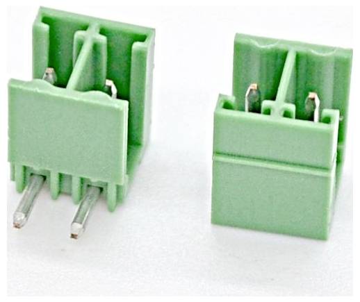 Zwei grüne zweipolige Elektrostecker auf weißem Hintergrund, einer im Winkel positioniert, um die Metallkontakte freizulegen.