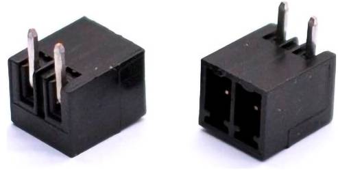 Zwei schwarze 2-polige elektronische Steckverbinder-Buchsen aus abgewinkelten Ansichten auf weißem Hintergrund gezeigt.