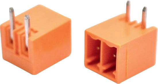 Oranger zweipoliger Elektrosteckerblock von zwei Winkeln auf weißem Hintergrund dargestellt.