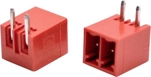 Zwei rote zweipolige elektrische Steckverbinder von verschiedenen Winkeln auf weißem Hintergrund dargestellt.