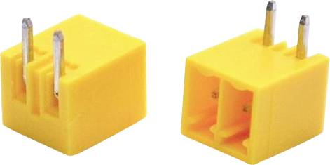 Zwei gelbe Kunststoff-Elektrostecker, die aus verschiedenen Blickwinkeln gezeigt werden, jeweils mit Metallstiften, die von oben herausragen.
