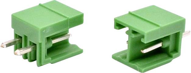 Zwei kleine grüne Kunststoff-Elektronikstecker auf weißem Hintergrund, von zwei Winkeln gezeigt.