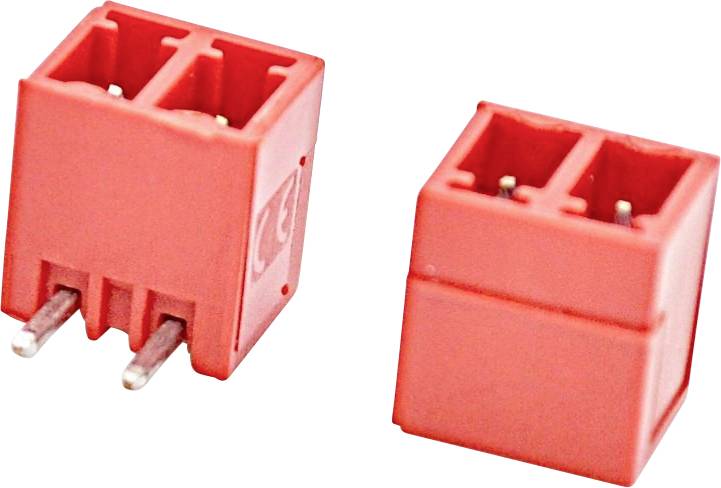 Zwei rote 2-polige elektrische Steckerblöcke auf weißem Hintergrund, einer von vorne mit sichtbaren Metallstiften.