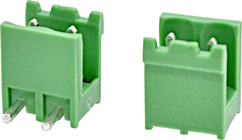 Grüner zweipoliger Elektrostecker, dargestellt in Vorder- und Rückansicht auf weißem Hintergrund.