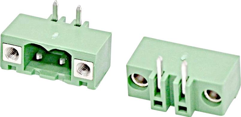 Grüner 3-poliger PCB-Steckverbinder-Klemmblock, von vorne und hinten dargestellt, mit Schraubklemmen und Metallkontakten.