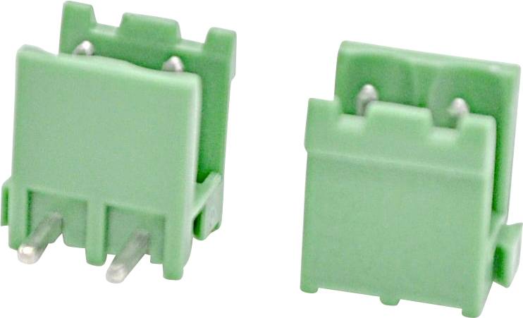 Zwei grüne zweipolige Elektrostecker aus zwei Blickwinkeln auf weißem Hintergrund dargestellt.