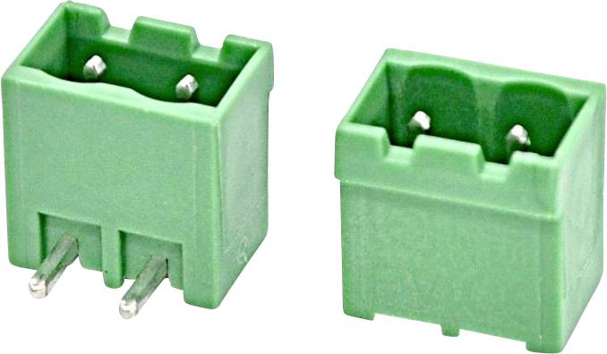 Zwei grüne Steckverbinder mit zwei Anschlüssen, dargestellt aus schrägem Frontal- und Seitenblick auf weißem Hintergrund.