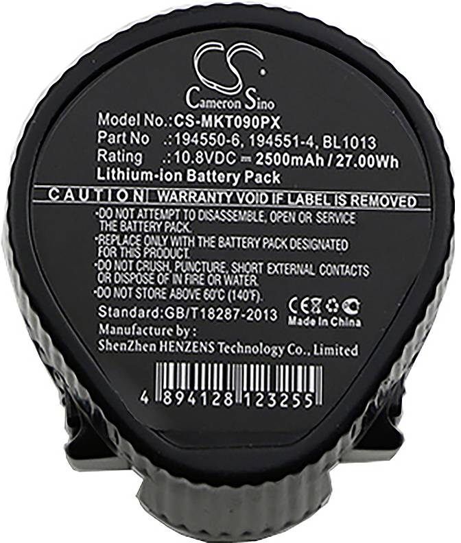 Schwarzes Cameron Sino Lithium-Ionen-Akkupaket-Etikett mit Modell CS-MKT090PX, 10,8 VDC, 2500 mAh/27,00 Wh, mit Warn- und Herstellertext.