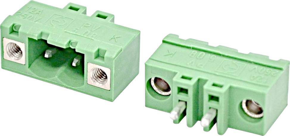 Zwei grüne 2-polige Schraubklemmen-Steckverbinder, von vorne und hinten auf weißem Hintergrund gezeigt.