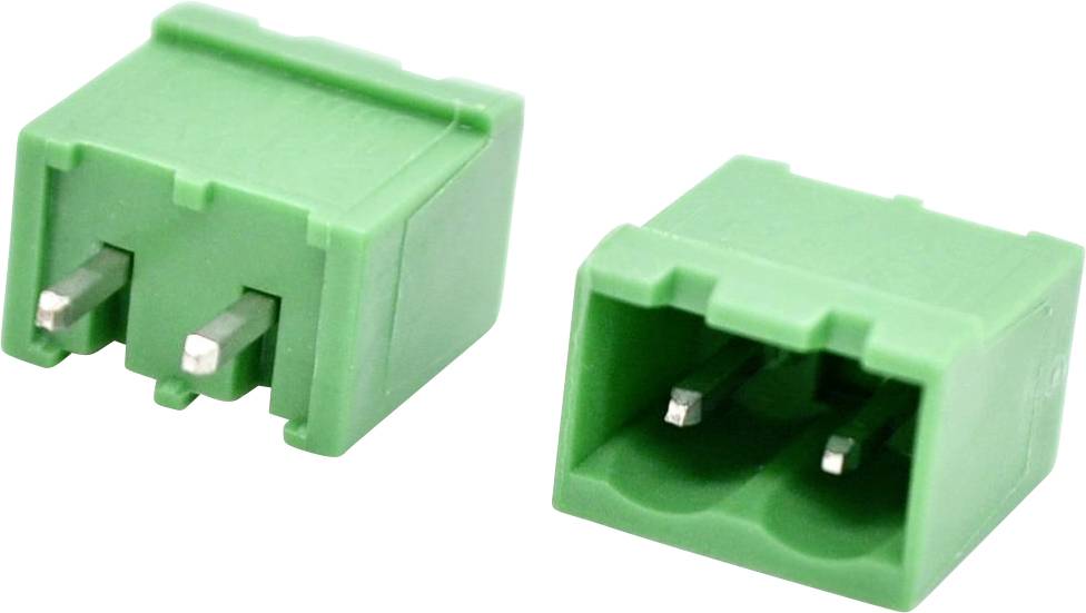 Zwei grüne 2-polige elektrische Steckverbinder, von vorne und hinten auf weißem Hintergrund dargestellt.