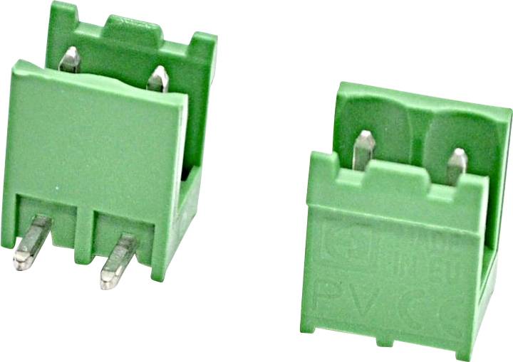 Zwei grüne Leiterplatten-Klemmblöcke, die aus angewinkelten Frontansichten gezeigt werden, jeweils mit hervorstehenden Metallstiften zur Leiterplattenmontage.