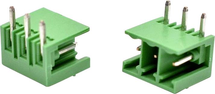 Zwei grüne elektrische Steckverbinder aus verschiedenen Winkeln dargestellt, mit sichtbaren Metallstiften.