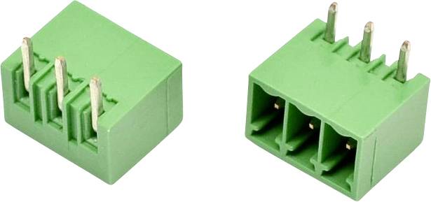 Grüner 4-poliger PCB-Klemmblockstecker, von oben und von vorne auf weißem Hintergrund gezeigt.