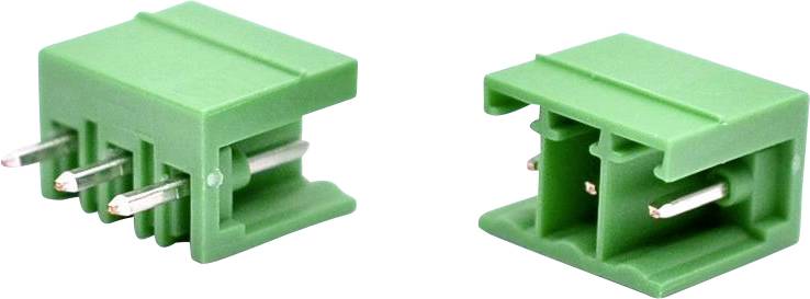Zwei grüne Elektrosteckverbinder aus verschiedenen Blickwinkeln dargestellt, jeweils mit freiliegenden Metallkontakten und einem rechteckigen Kunststoffgehäuse.
