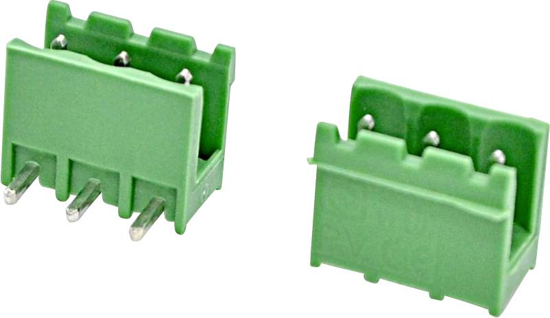 Zwei grüne Leiterplattenklemmenverbinder auf weißem Hintergrund, einer zeigt darunter Metallstifte.