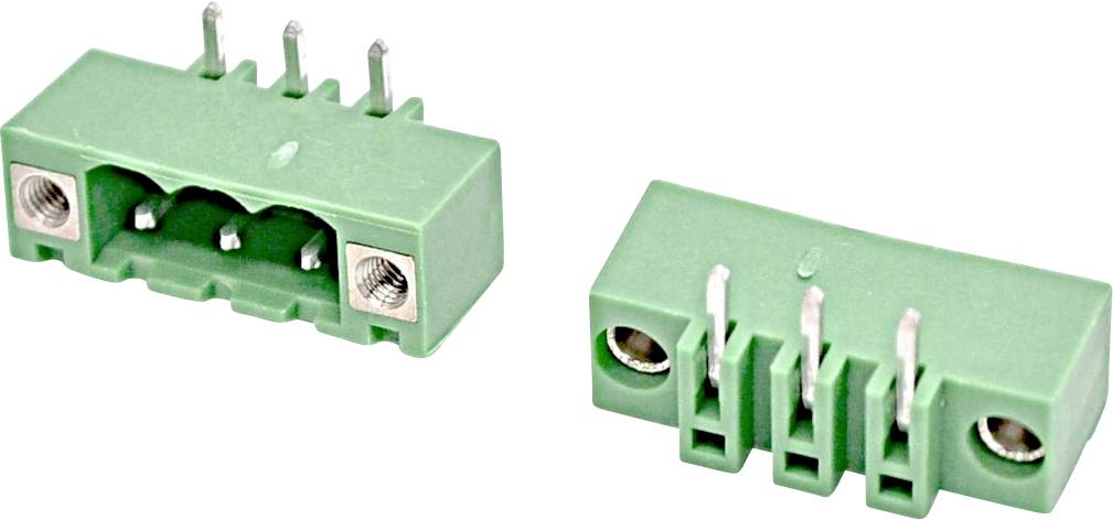 Zwei grüne Schraubklemmen-Steckverbinder nebeneinander dargestellt, einer gewinkelt und einer frontal ausgerichtet.