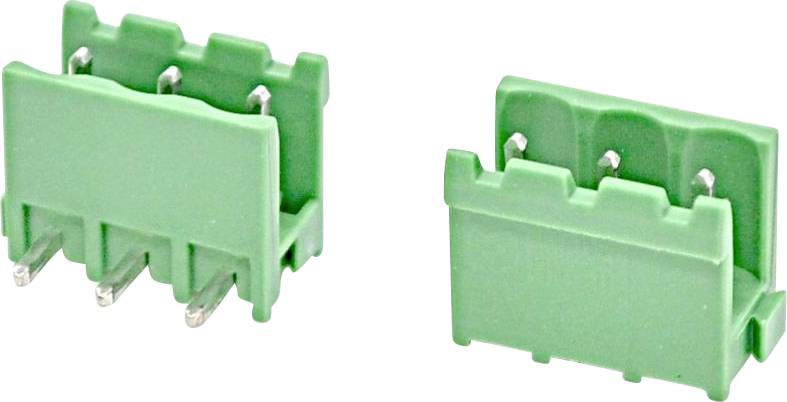 Zwei grüne elektronische Steckverbinder, von schrägem Front- und Rückansicht auf weißem Hintergrund gezeigt.