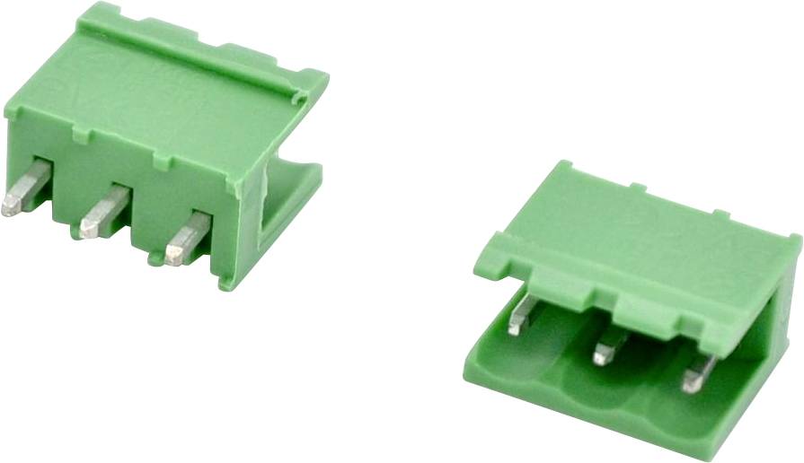 Grüner 3-poliger Elektrostecker, von zwei Winkeln auf weißem Hintergrund dargestellt.